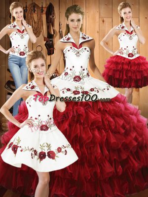 Ball Gowns Quinceanera Gown Wine Red Halter Top Organza Sleeveless Floor Length Lace Up