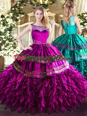 Scoop Sleeveless Sweet 16 Quinceanera Dress Floor Length Beading and Ruffles Fuchsia Organza and Taffeta