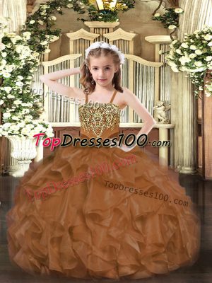 Stunning Organza Straps Sleeveless Lace Up Beading and Ruffles Little Girl Pageant Gowns in Brown