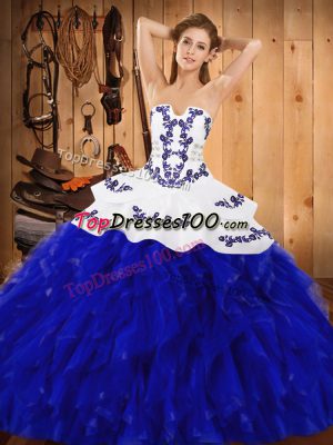 Satin and Organza Strapless Sleeveless Lace Up Embroidery and Ruffles Sweet 16 Dresses in Blue And White