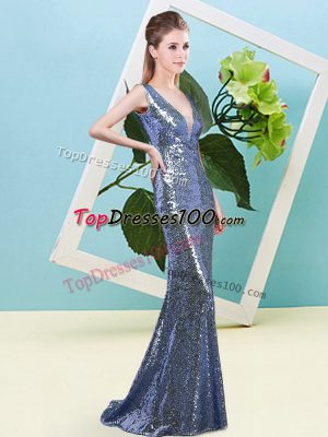 Sophisticated Navy Blue Mermaid V-neck Sleeveless Sequined Floor Length Zipper Sequins Prom Dress