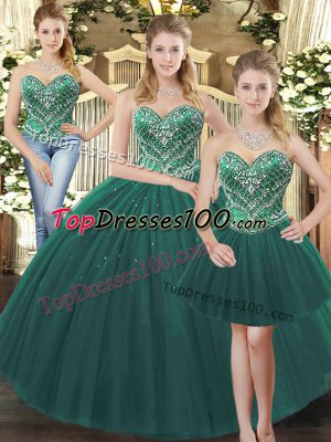 Romantic Dark Green Sleeveless Floor Length Beading Lace Up Quince Ball Gowns