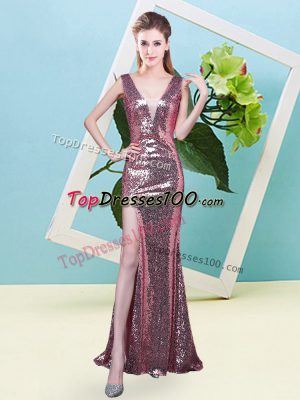 Designer Mermaid Prom Dresses Coral Red V-neck Sequined Sleeveless Floor Length Zipper