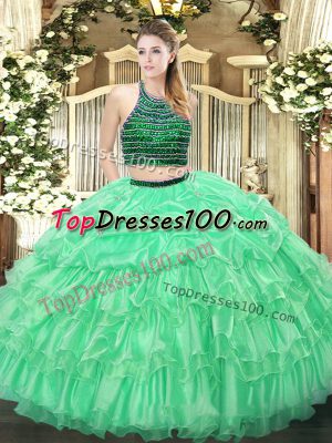 Smart Apple Green Ball Gowns Halter Top Sleeveless Organza Floor Length Zipper Beading and Ruffled Layers Sweet 16 Dress