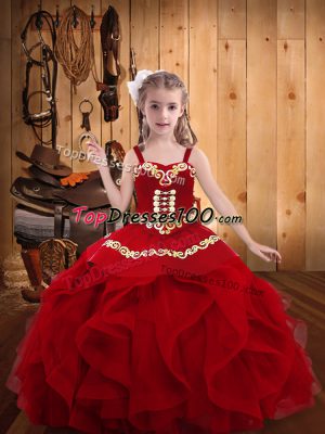 Wine Red Lace Up Straps Embroidery and Ruffles Little Girl Pageant Dress Organza Sleeveless