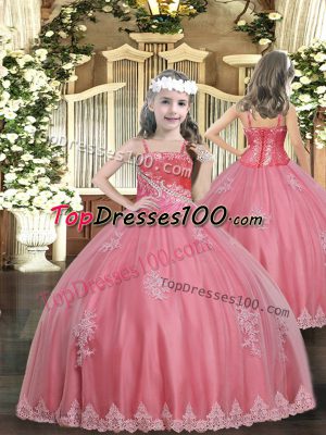 Customized Floor Length Ball Gowns Sleeveless Watermelon Red Little Girls Pageant Gowns Lace Up