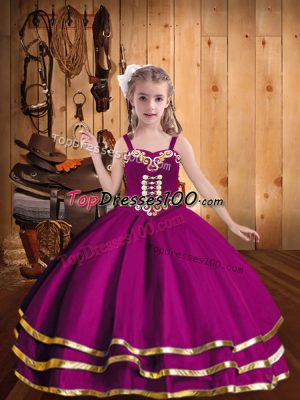 Hot Selling Fuchsia Organza Lace Up Kids Pageant Dress Sleeveless Floor Length Beading and Ruffled Layers