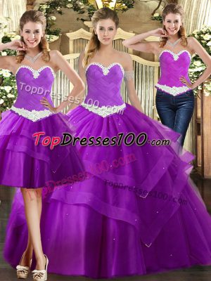 Top Selling Purple Sleeveless Floor Length Appliques Lace Up 15th Birthday Dress