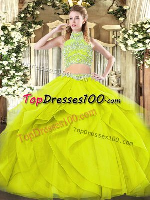 Super Yellow Green High-neck Backless Beading and Ruffles Sweet 16 Dresses Sleeveless