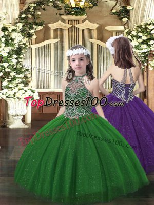 Charming Halter Top Sleeveless Little Girl Pageant Dress Floor Length Beading Dark Green Tulle