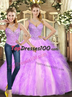 Unique Floor Length Two Pieces Sleeveless Lilac Sweet 16 Dress Lace Up