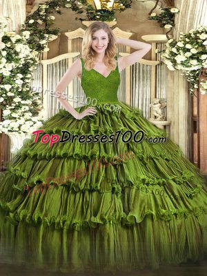 Enchanting Olive Green V-neck Backless Beading and Lace and Ruffled Layers Quinceanera Gown Sleeveless