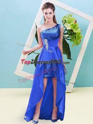 Shining Elastic Woven Satin and Sequined One Shoulder Sleeveless Lace Up Beading and Sequins Prom Dress in Blue