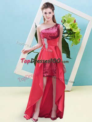 High Low A-line Sleeveless Coral Red Prom Evening Gown Lace Up
