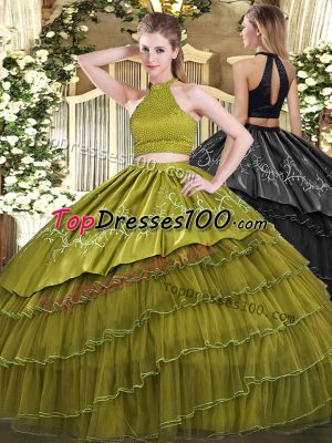 Sweet Floor Length Olive Green Quince Ball Gowns Organza Sleeveless Beading and Embroidery and Ruffled Layers