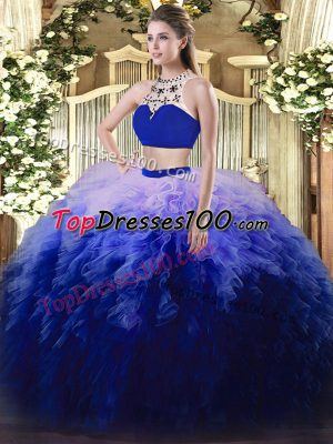 Multi-color Backless High-neck Beading and Ruffles Ball Gown Prom Dress Tulle Sleeveless