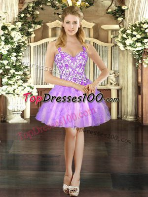 Unique Lilac Ball Gowns Tulle Straps Sleeveless Beading and Ruffles Mini Length Lace Up Prom Dress