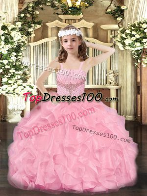 Cute Rose Pink Organza Zipper Straps Sleeveless Floor Length Juniors Party Dress Beading and Ruffles