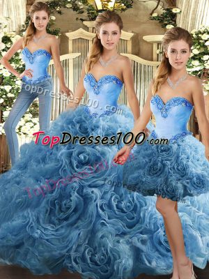 Baby Blue Lace Up Sweetheart Beading Quinceanera Gowns Fabric With Rolling Flowers Sleeveless