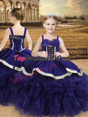 Straps Sleeveless Girls Pageant Dresses Floor Length Beading and Ruffles Purple Organza