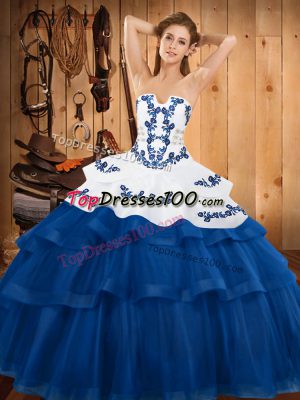 Excellent Blue Lace Up Strapless Embroidery and Ruffled Layers Quinceanera Dresses Tulle Sleeveless Sweep Train