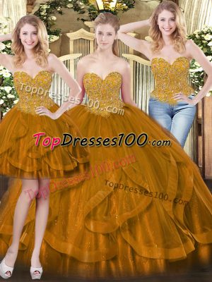 Modern Tulle Sweetheart Sleeveless Lace Up Beading and Ruffles Quinceanera Dresses in Brown