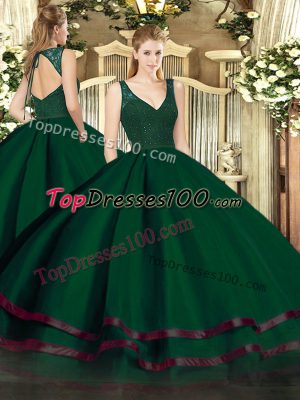 Dark Green A-line Beading and Ruffled Layers Quinceanera Gowns Zipper Tulle Sleeveless Floor Length