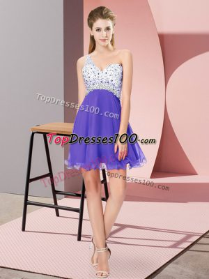Lavender Chiffon Criss Cross One Shoulder Sleeveless Mini Length Prom Evening Gown Beading