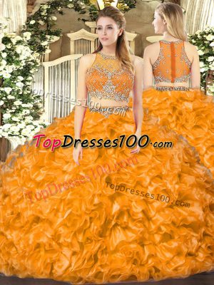 Wonderful Floor Length Orange Red Sweet 16 Quinceanera Dress Organza Sleeveless Beading and Ruffles
