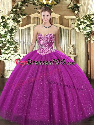 Modest Floor Length Ball Gowns Sleeveless Fuchsia Sweet 16 Quinceanera Dress Lace Up