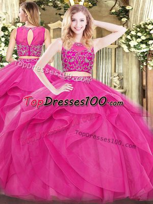 Enchanting Sleeveless Tulle Floor Length Zipper Quinceanera Dress in Hot Pink with Beading and Ruffles