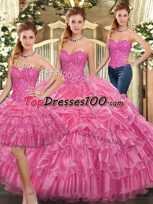 High Quality Rose Pink Sweetheart Lace Up Beading and Ruffles Quinceanera Dress Sleeveless