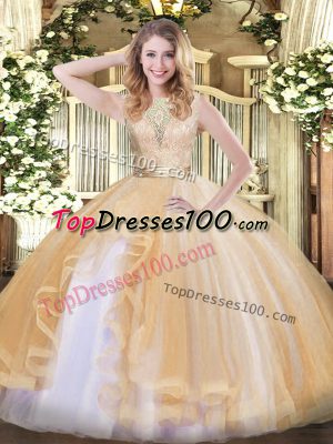 Floor Length Backless Ball Gown Prom Dress Champagne for Military Ball and Sweet 16 and Quinceanera with Lace and Ruffles