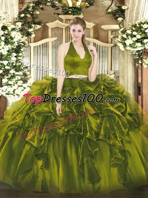 Olive Green Two Pieces Halter Top Sleeveless Organza Floor Length Zipper Ruffles Quince Ball Gowns