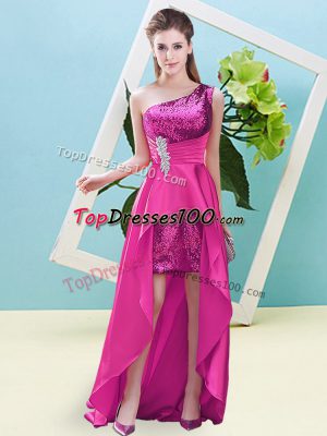 Custom Design Fuchsia A-line Elastic Woven Satin and Sequined One Shoulder Sleeveless Beading and Sequins High Low Lace Up Dress for Prom