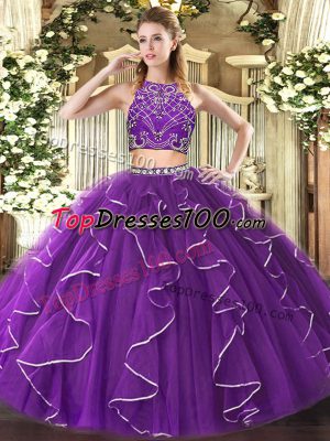 Customized Tulle High-neck Sleeveless Zipper Beading and Ruffles Vestidos de Quinceanera in Purple