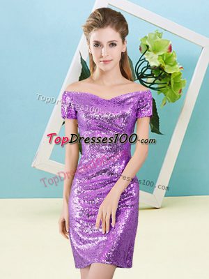 Flare Eggplant Purple Off The Shoulder Zipper Sequins Prom Dress Short Sleeves