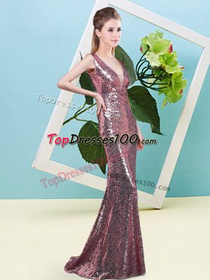 Adorable Sequins Pink Zipper Sleeveless Floor Length