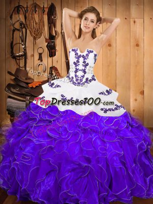 Sophisticated Satin and Organza Strapless Sleeveless Lace Up Embroidery and Ruffles 15 Quinceanera Dress in White And Purple