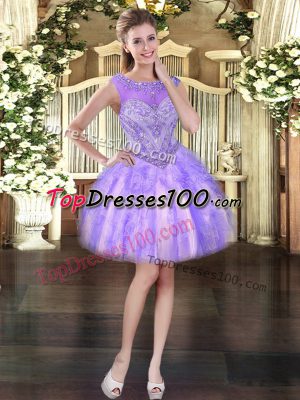 Lavender Tulle Lace Up Prom Gown Sleeveless Mini Length Beading and Ruffles