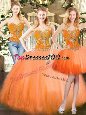Custom Made Tulle Sweetheart Sleeveless Lace Up Beading Quinceanera Gown in Orange Red