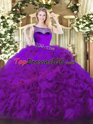 Eggplant Purple Ball Gowns Scoop Sleeveless Fabric With Rolling Flowers Floor Length Zipper Beading Quinceanera Dresses