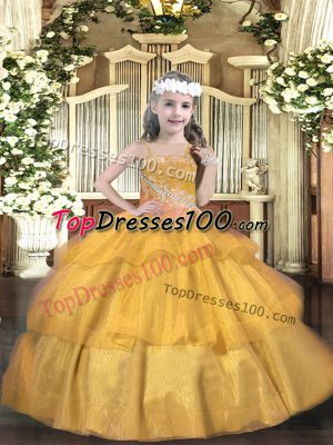 Eye-catching Organza Straps Sleeveless Lace Up Beading and Ruffled Layers and Sequins Juniors Party Dress in Gold