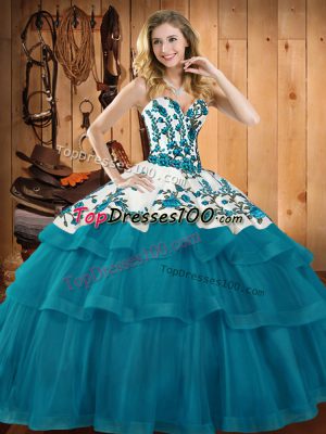 Spectacular Teal Ball Gown Prom Dress Organza Sweep Train Sleeveless Embroidery