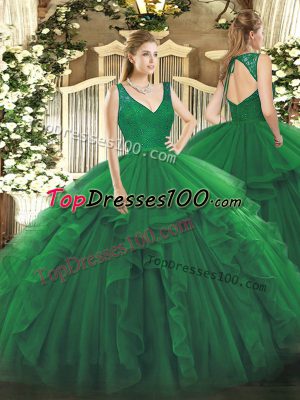 Dark Green Organza Zipper Ball Gown Prom Dress Sleeveless Floor Length Beading and Ruffles