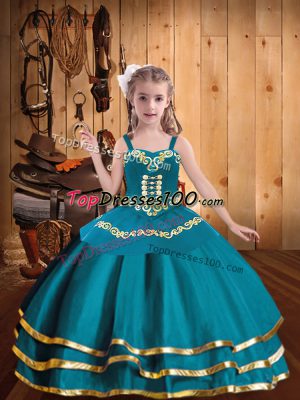 Teal Ball Gowns Organza Straps Sleeveless Embroidery and Ruffled Layers Floor Length Lace Up Custom Made Pageant Dress