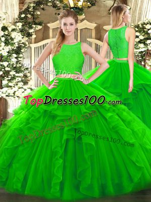 Most Popular Green Two Pieces Tulle Scoop Sleeveless Ruffles Floor Length Zipper Quinceanera Dress
