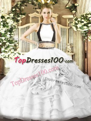 Two Pieces Quinceanera Gown White Halter Top Tulle Sleeveless Floor Length Zipper