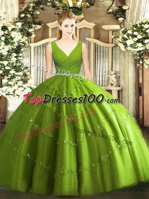 Pretty Olive Green Ball Gowns Tulle V-neck Sleeveless Beading Floor Length Zipper Sweet 16 Dress