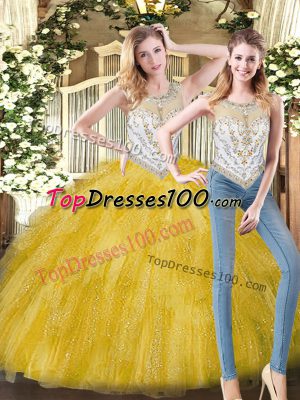 Superior Yellow Scoop Zipper Beading and Ruffles Quinceanera Gowns Sleeveless